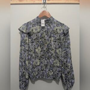 NWT Loft Woman's Size Small Olive Green With Purple Floral Patterned Blouse